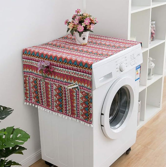 AKOAK 1 Pack 55 x 130cm /22 "x 51" Geometric Washing Machine Refrigerator Dust Cover, Multi-Purpose Household Cotton Linen Dust Microwave Cover, with Storage Pouch (Red Triangle)