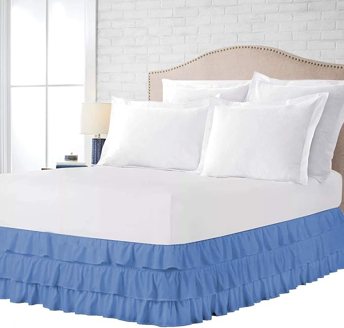 Multi-Ruffle Bed Skirt, Soft Multi Elastic Dust Ruffles with Wrap Around Bed Skirt Easy Fit with 18 Inch Drop 100% Cotton 800 Thread Count (RV King, Medium Blue)