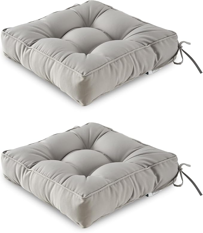 ARTPLAN Outdoor Seat Cushion,Square Thick Tufted Pure Chair Cushion for Patio Wicker Chair with Tie,Set of 2,19"x19"x5"，Grey