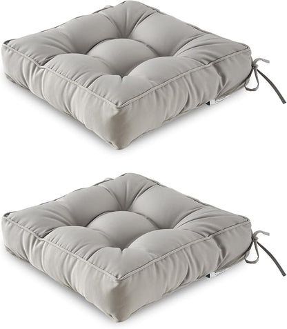 ARTPLAN Outdoor Seat Cushion,Square Thick Tufted Pure Chair Cushion for Patio Wicker Chair with Tie,Set of 2,19"x19"x5"，Grey