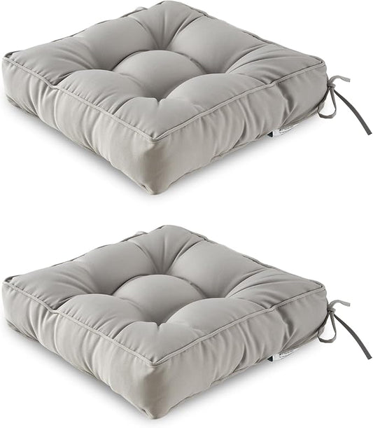 ARTPLAN Outdoor Seat Cushion,Square Thick Tufted Pure Chair Cushion for Patio Wicker Chair with Tie,Set of 2,19"x19"x5"，Grey