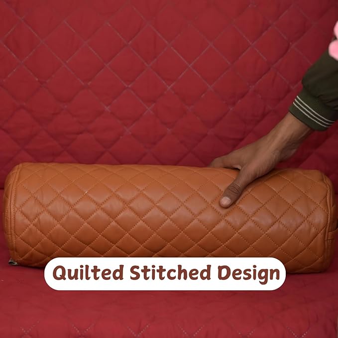 Neck Roll Pillow Cushion Cover, 18x7 Inch Full Moon Round Bolster Pillow Case, Cylinder Soft Lambskin Leather Pillowcase for Head, Spine & Neck Support During Sleep - Quilted Tan Pack of 1