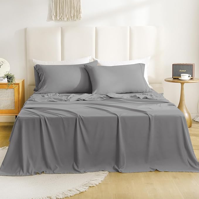 Cal King Size Sheet Set - 4 Piece Silky Soft Breathable Bed Sheet Set, 16" Deep Pocket Hotel Luxury Wrinkle Free Easy Care Bedding Sheets California King,Oeko-Tex-Light Grey