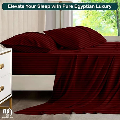 NON Sticky cotton Twin Size Sleeper Sofa Sheets, 4 Piece Egyptian Cotton Bed Sheet Set for Sofa Bed, 6" Deep Pocket Fitted Sheet for Pull Out Couch Mattress, 39" x 75", Burgundy Stripe
