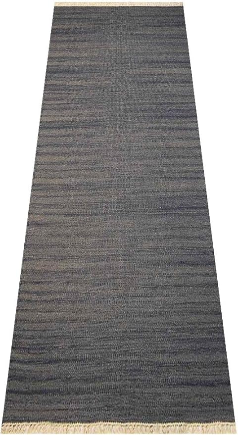Rugsotic Carpets Hand Woven Flat Weave Kilim Wool 2'6''x6' Runner Area Rug Solid Silver D00111