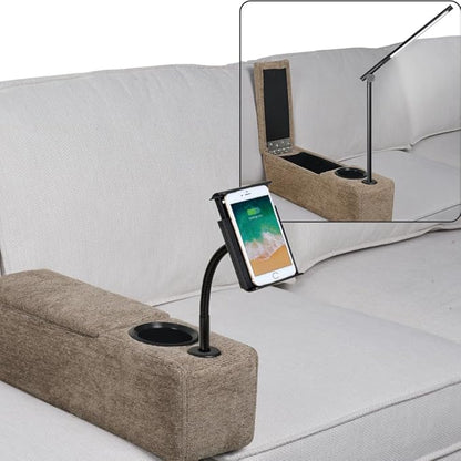 Multifunctional Sofa Armrest, Couch Armrest with Cup Holder, Removable Sofa Caddy with Storage,Equipped with LED Reading Light&Wireless Charge Stand, Brown