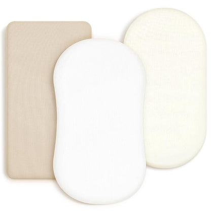 GRSSDER Stretchy Ultra Soft Fitted Bassinet Sheet 3 Pack, Universal Fit for Bassinets Baby Cradle Moses Basket Oval Rectangle Mattress Safe and Snug, Jersey Bassinet Sheets for Girls, Cream/Beige