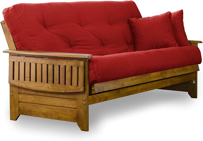 Nirvana Futons Brentwood Tray Arm Futon Sofabed Set - Full Frame, 8" Thick Red Mattress, Rich Heritage Finish