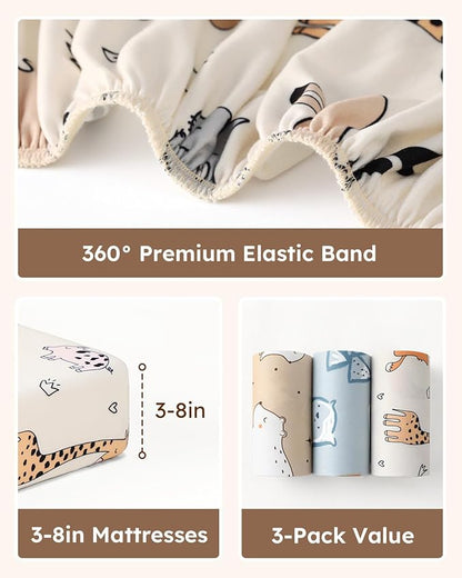 Baby Crib Sheets for Boys Girls, 28x52x8in Fitted Crib Sheet Neutral 3 Pack for Standard Crib and Toddler Mattress, Breathable Soft Microfiber Baby Sheet Blue & Apricot Bear