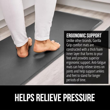 GORILLA GRIP 2 Pack Comfortable Cushioned Kitchen Mats for Floor, 17x24 + 17x48, Waterproof, Stain Resistant, 1/2 Inch Thick Soft Ergonomic Standing Desk Anti Fatigue Mat, Foam Supports Feet, Charcoal