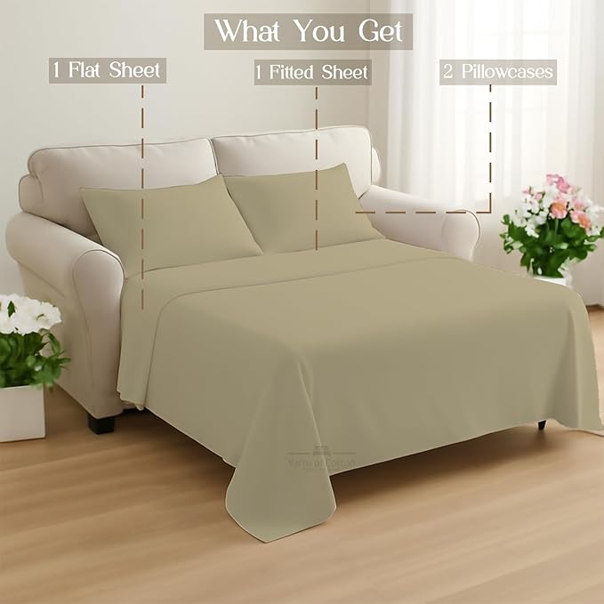 Sleeper Sofa 4 Piece Bed Sheet Set Premium Quality 100% Cotton 500 Thread Count, Smooth & Super Soft Sateen Weave, Extra Soft Bed Sheets, Wrinkle Free, 8 Inch Deep Pocket (Full, Beige)
