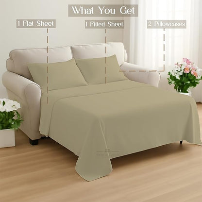 Sleeper Sofa 4 Piece Bed Sheet Set Premium Quality 100% Cotton 500 Thread Count, Smooth & Super Soft Sateen Weave, Extra Soft Bed Sheets, Wrinkle Free, 4 Inch Deep Pocket (Full, Beige)