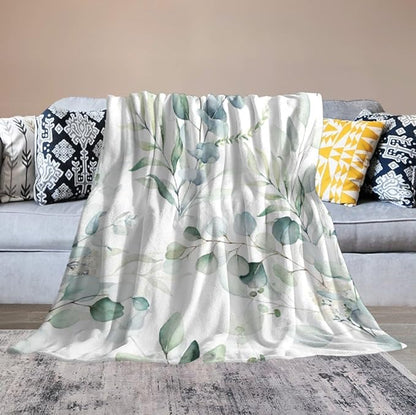 Eucalyptus Leaf Throw Blanket, Watercolor Floral Spring Botanical Green Plants Herb Print Cozy Plush Blanket for Bedroom Living Rooms Sofa Couch, 40"x50"