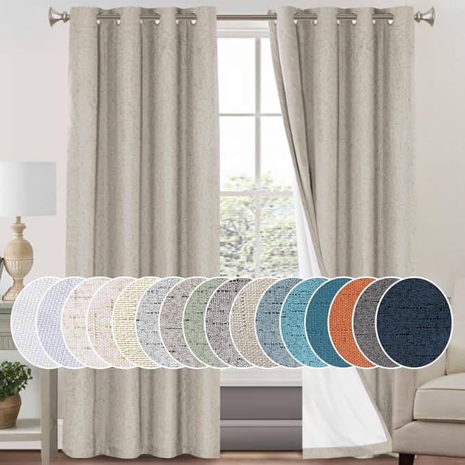 PrinceDeco Linen 100% Blackout Curtains for Bedroom/Living Room Reduce Noise Light Blocking Window Curtains Drapes for Boho Home Decor, Linen Look Fabric with White Liner (52 x 96 Inch,Cobblestone)