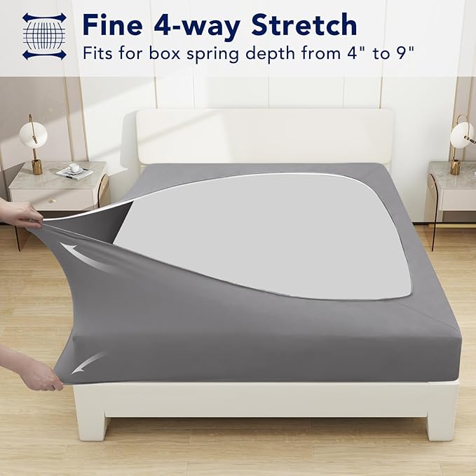 PureFit Stretchy Box Spring Cover Queen - Elastic Fitted Box Spring Wrap Around 4 Sides, Wrinkle & Fading Resistant Fits Queen Size Beds, Light Gray