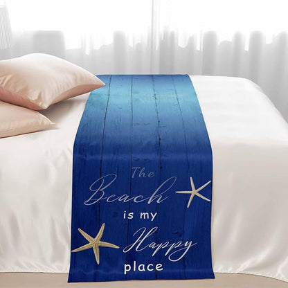 Happy Beach Place Marine Starfish Bed Runner for Bedroom Hotel, Decorative Bedding Scarf Gradient Blue Wood Grain End Blanket Runner for California King Size, 102x20in
