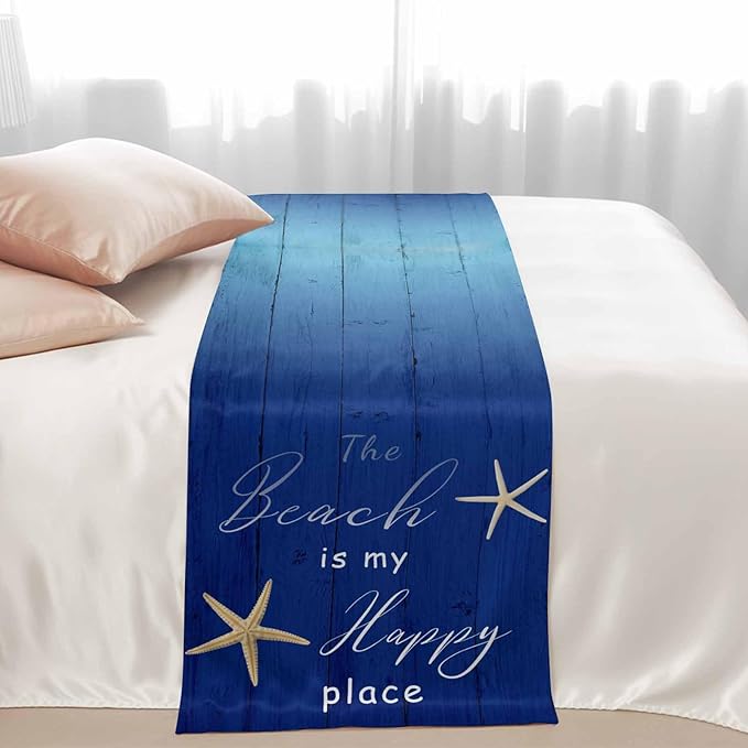 Happy Beach Place Marine Starfish Bed Runners for Bedroom Hotel,Decorative Bedding Scarf Gradient Blue Wood Grain Bed End Blanket Bedding Runner Scarves for Twin Size Bed,71x20in