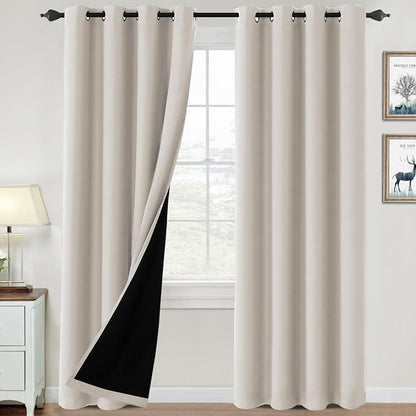 H.VERSAILTEX 100% Blackout Curtains for Bedroom Thermal Insulated Blackout Curtains 96 inch Length Heat and Full Light Blocking Curtains for Living Room with Black Liner 2 Panels Set, Fog