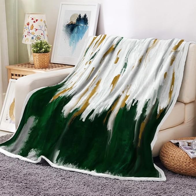 Abstract Ombre Throw Blankets, Modren Chic Art Oil Painting Cozy Warm Bed Couch Blanket, Dark Green Gold White Fleece Flannel Throws to Decorate The Room and Bedroom