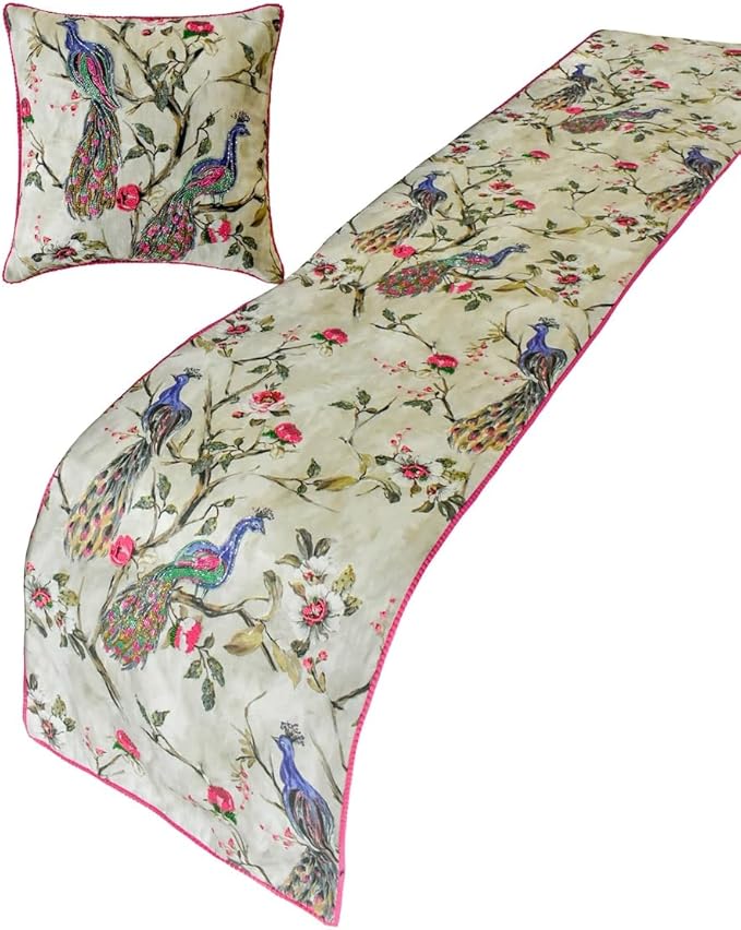 The HomeCentric King/Queen/Twin Pink & Purple Luxury Queen 74"x18" Bed Runner with One Pillow Cover, Peacock, Beaded, Pom Pom Lace Bed Scarf on Cotton Fabric - Pavo Paradiso