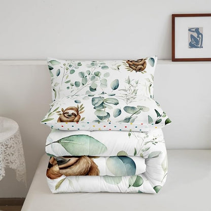 Erosebridal Girls Kawaii Animal Bedding Toddler Size Cute Sloth Comforter Set, Cartoon Wildlife Duvet Insert Green Leaf Quilt Comforter, Spring Plant Bedding Comforters & Sets Child Kids Bedroom Decor