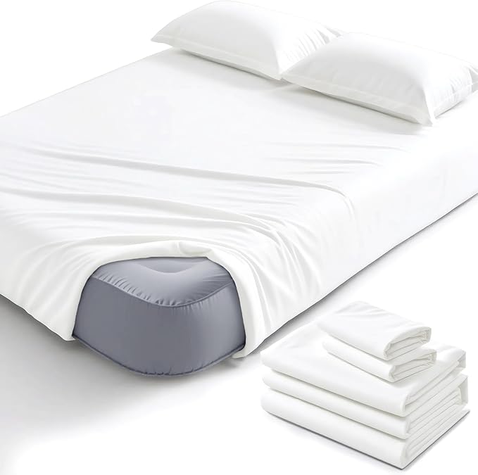 Degrees of Comfort Twin Sheet Set for Air Mattress – Extra Deep Pocket Fitted Sheet up to 22”, 4-Piece Bedding Sets with Dual Side Storage Pockets,Soft & Wrinkle-Free, Breathable Fabric, White