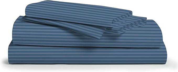 Mayfair Linen 100% Cotton Striped Sheets Split King Size Bed Set - 500 Thread Count Damask Split King Sheets for Adjustable Bed, 5 PC Set (Light Blue Stripe), Cooling, Sateen 16" Deep Pocket Bedsheet