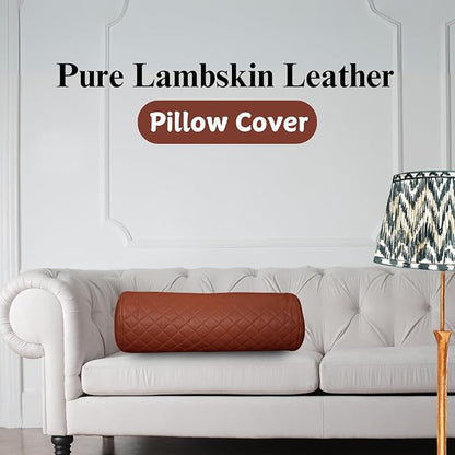 Neck Roll Pillow Cushion Cover, 18x6 Inch Full Moon Round Bolster Pillow Case, Cylinder Soft Lambskin Leather Pillowcase for Head, Spine & Neck Support During Sleep - Quilted Brown Pack of 2