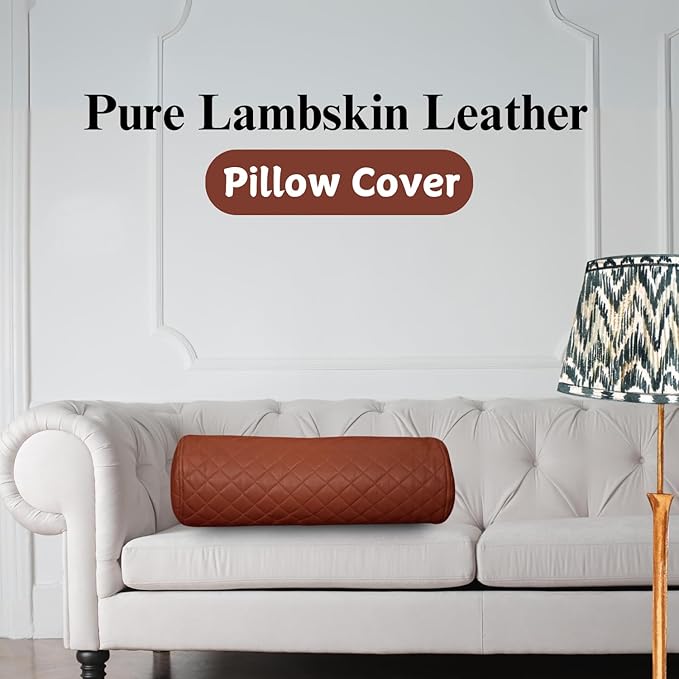 Neck Roll Pillow Cushion Cover, 16x5 Inch Full Moon Round Bolster Pillow Case, Cylinder Soft Lambskin Leather Pillowcase for Head, Spine & Neck Support During Sleep - Quilted Brown Pack of 2