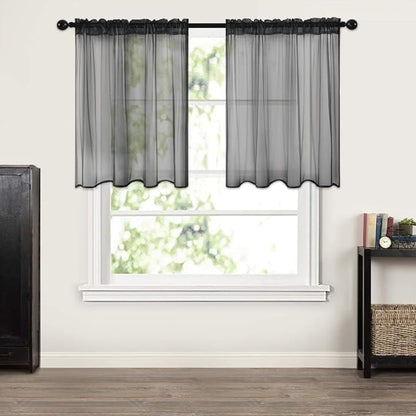 MIULEE 2 Panels Kitchen Tiers Half Window Sheer Halloween Curtains-Rod Pocket Voile Drapes for Kitchen Bathroom-Small Windows 29 by 36 Inch Black