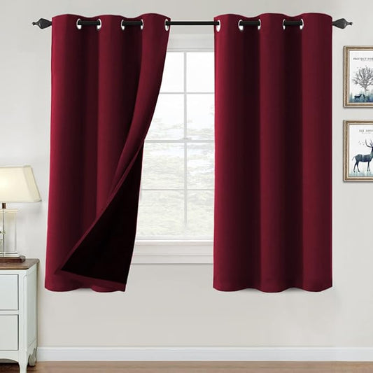 H.VERSAILTEX 100% Blackout Curtains for Bedroom Thermal Insulated Blackout Curtains 63 inch Length Heat and Full Light Blocking Curtains for Living Room with Black Liner 2 Panels Set, Burgundy
