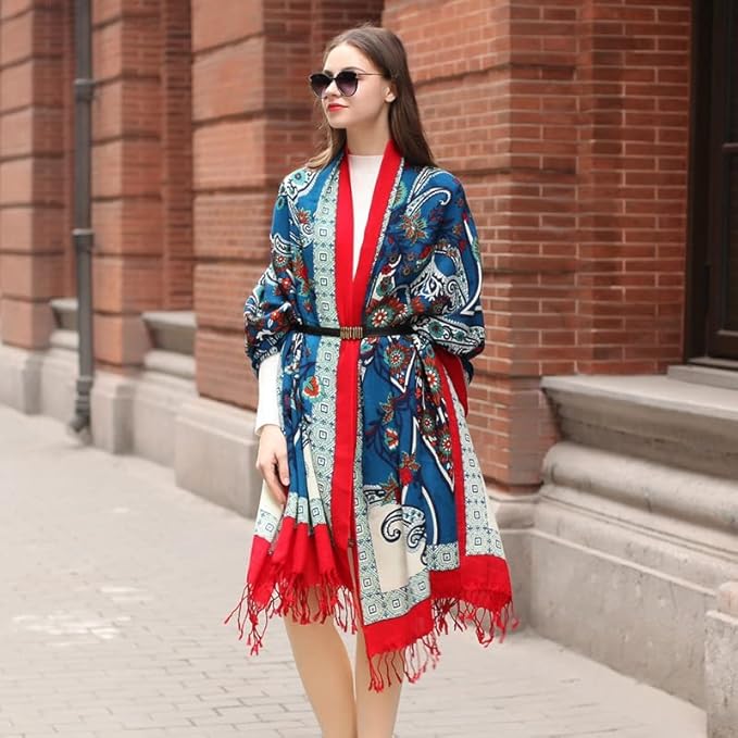 DANA XU 100% Merino Wool Extra Large Pashmina Blanket Travel Scarf Cashmere Wrap for Women Fall Winter Oversize Shawl Floral