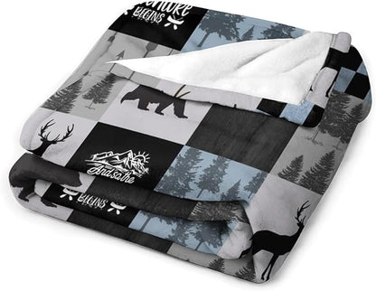 Bear Cabin Plaid Blanket, Rustic Retro Bear Deer Patchwork Gray Blue Farmhouse Throw Blanket for Couch Bed Living Room, 60"x80"