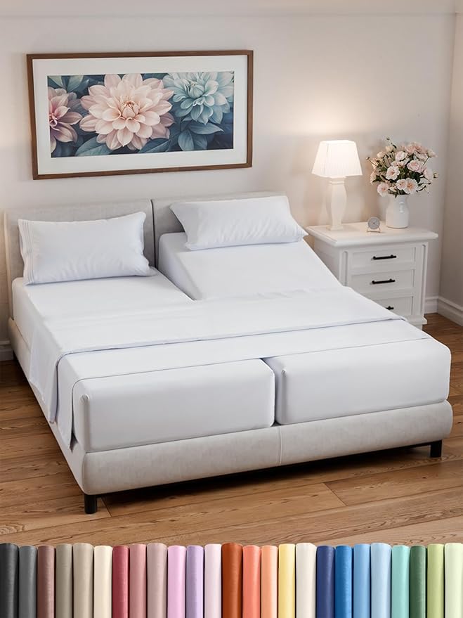 Split California King Bed Sheets - Extra Soft Split California King Sheets Sets – Designed for Split California King Mattresses – Cal King Split Fits 14" to 16" Deep Pocket Fitted Sheet Set – White