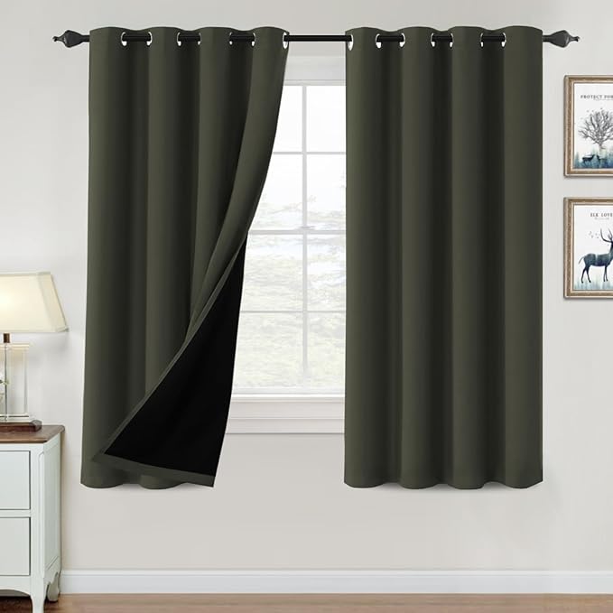 H.VERSAILTEX 100% Blackout Curtains for Bedroom Thermal Insulated Blackout Curtains 63 inch Length Heat and Full Light Blocking Curtains for Living Room with Black Liner 2 Panels Set, Olive