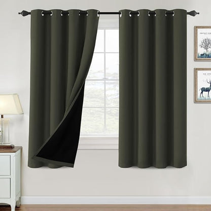 H.VERSAILTEX 100% Blackout Curtains for Bedroom Thermal Insulated Blackout Curtains 63 inch Length Heat and Full Light Blocking Curtains for Living Room with Black Liner 2 Panels Set, Olive