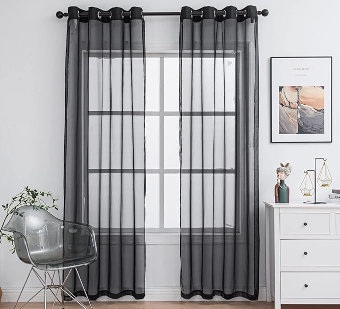 PI Sheer Curtains with Grommet,Airy Voile Textured,Modern Window Draperies for Living Room/Bedroom 2 Panels (W52 X L90, Black)