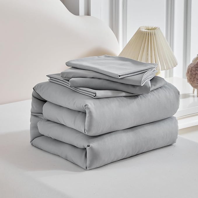 Toddler Bedding Set - 5 Piece Soft and Breathable Toddler Bed Set for Boys and Girls, Includes Quilted Comforter, Fitted Sheet, Flat Top Sheet, Standard Pillowcase and Toddler Pillowcase, Gray