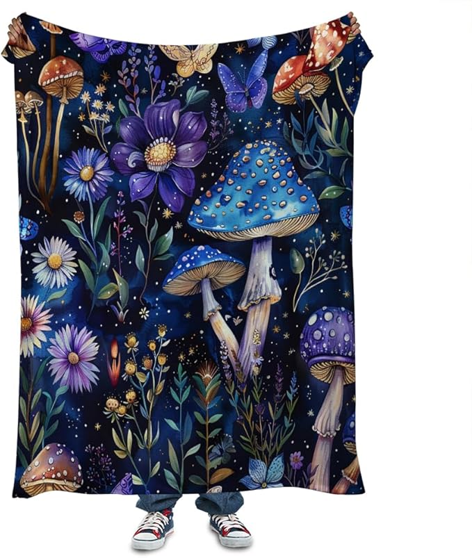 Cute Whimsical Mushroom Throw Blanket Aesthetic Dark Botanical Florals Throw,Witchy Gifts for Women,Gothic Gifts,Soft Cozy Warm Moth Witchy Plush Blanket Throw for Women Girls Mom 50"x60"