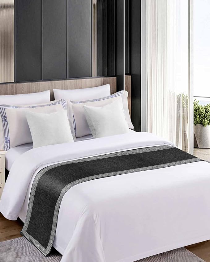 Greece Key Design Black White Bed Runners for Bedroom Hotel,Decorative Bedding Scarf Vintage Burlap Linen Bed End Blanket Bedding Runner Scarves for Queen Size Bed,94x20in