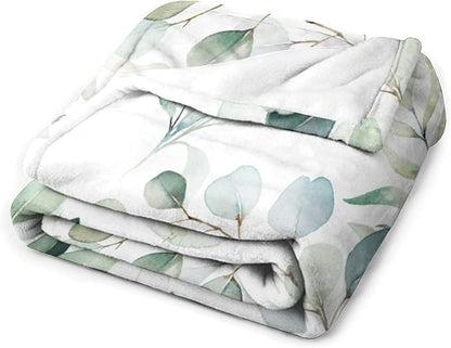 Eucalyptus Leaf Throw Blanket, Watercolor Floral Spring Botanical Green Plants Herb Print Cozy Plush Blanket for Bedroom Living Rooms Sofa Couch, 30"x40"