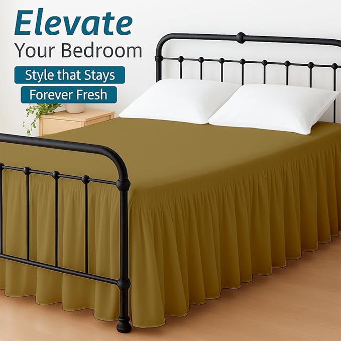Shreem Linen Ruffled Bed Skirt with Split Corners, Gathered Style, 100% Microfiber, 21-Inch Drop, Dust Ruffle Bedskirt with Platform, Twin, Taupe