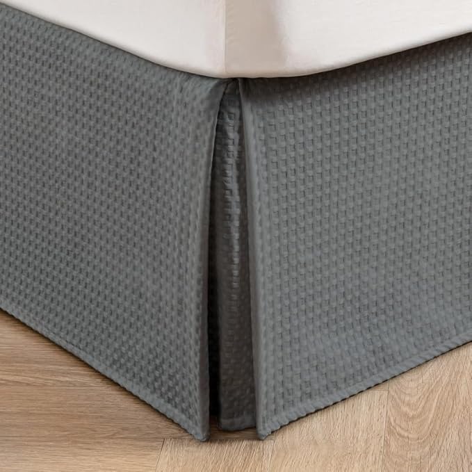 MIYE Pleated Waffle Weave Bed Skirt, Tailored Dust Ruffle 18 Inch Drop Easy Fit, Machine Washable (Dark Grey, King - 18" Drop)
