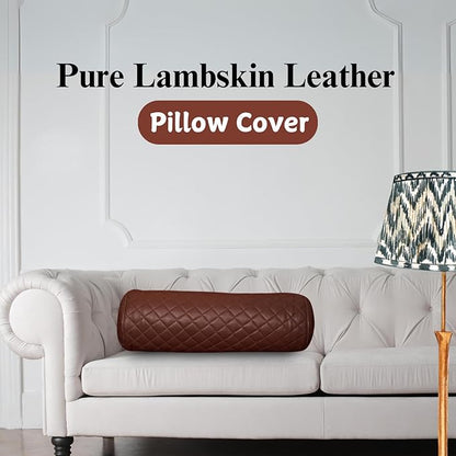 Neck Roll Pillow Cushion Cover, 22x6 Inch Full Moon Round Bolster Pillow Case, Cylinder Soft Lambskin Leather Pillowcase for Head, Spine & Neck Support During Sleep - Quilted Chocolate Brown Pack of 2