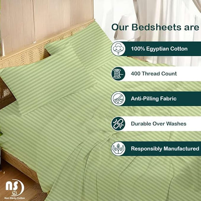 NON Sticky cotton Twin Size Sleeper Sofa Sheets, 4 Piece Egyptian Cotton Bed Sheet Set for Sofa Bed, 10" Deep Pocket for Pull Out Couch Mattress, 39" x 75", Sage Stripe, Soft & Breathable