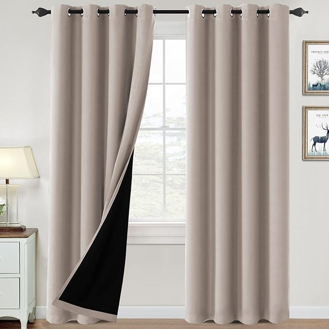 H.VERSAILTEX 100% Blackout Curtains for Bedroom Thermal Insulated Blackout Curtains 96 inch Length Heat and Full Light Blocking Curtains for Living Room with Black Liner 2 Panels Set, Natural Sand
