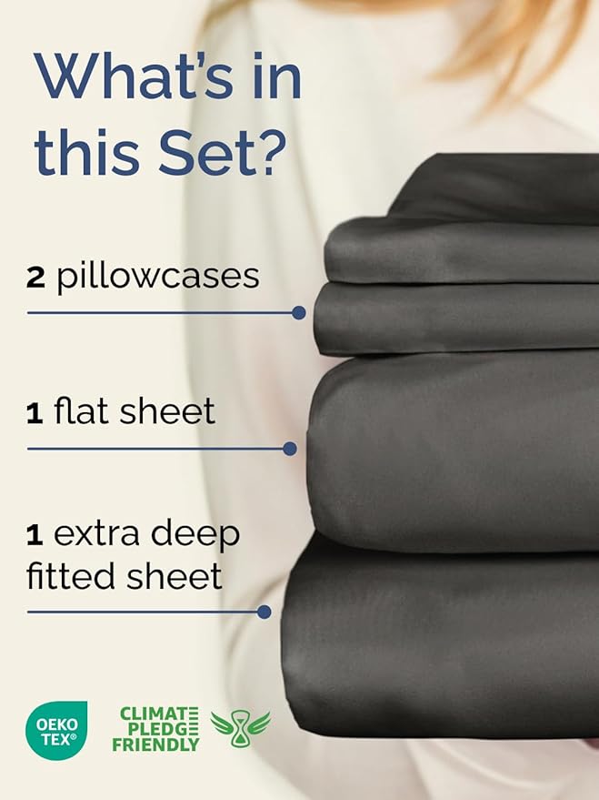 Extra Deep Pocket Queen Sheet Set - 4 Piece Breathable & Cooling Bed Sheets - Hotel Luxury Sheet Set - Soft, Wrinkle Free and Comfy - Easily Fits Extra Deep Mattresses - Deep Pocket Charcoal Sheets