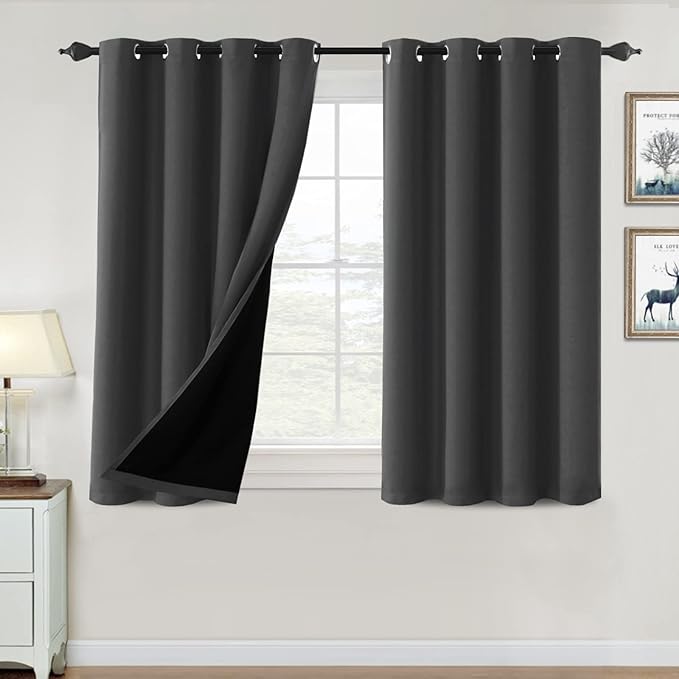 H.VERSAILTEX 100% Blackout Curtains for Bedroom Thermal Insulated Blackout Curtains 45 inch Length Full Light Blocking Window Drapes for Living Room with Black Liner 2 Panels, Charcoal Gray