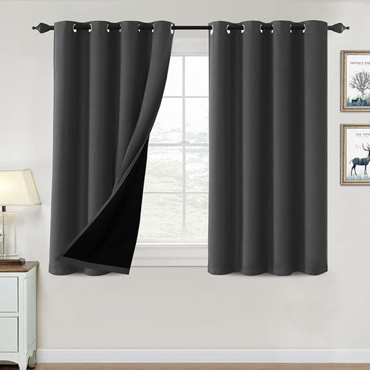 H.VERSAILTEX 100% Blackout Curtains for Bedroom Thermal Insulated Blackout Curtains 45 inch Length Full Light Blocking Window Drapes for Living Room with Black Liner 2 Panels, Charcoal Gray