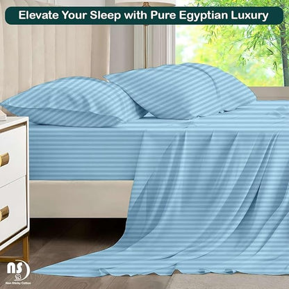 NON Sticky cotton Full Size Sleeper Sofa Sheets, 4 Piece Egyptian Cotton Bed Sheet Set for Sofa Bed, 8" Deep Pocket for Pull Out Couch Mattress, 54" x 75", Light Blue Stripe, Soft & Breathable